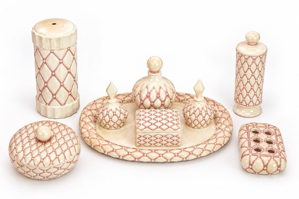 Vintage 1950s Arnels Pink Satin Pottery 10 Pc Vanity Bathroom Set Rare